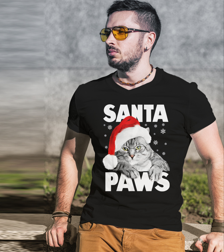 Santa Paws Christmas Kitty Cat Funny Graphic Snowflakes Hat T-Shirt