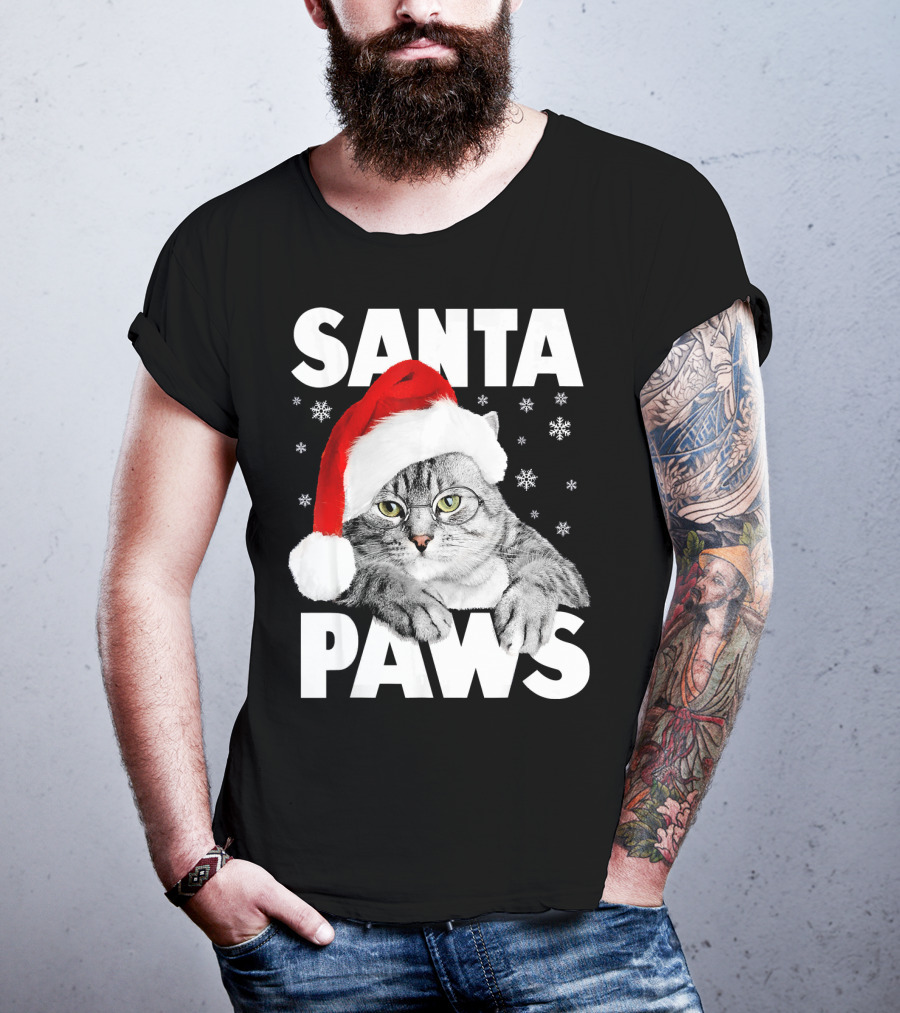 Santa Paws Christmas Kitty Cat Funny Graphic Snowflakes Hat T-Shirt