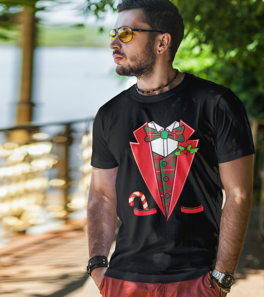 Tuxedo Christmas Fancy Xmas Co Red Plaid Bowtie Candy Cane Holiday Jacket T-Shirt