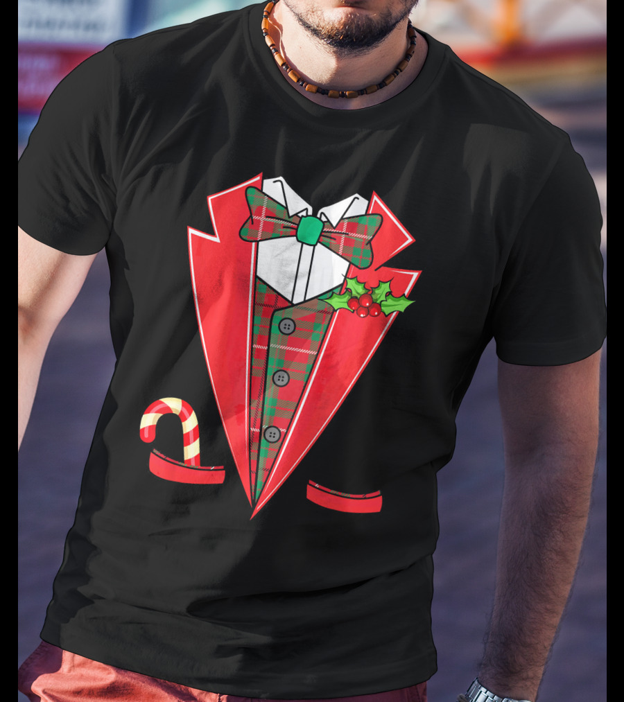 Tuxedo Christmas Fancy Xmas Co Red Plaid Bowtie Candy Cane Holiday Jacket T-Shirt