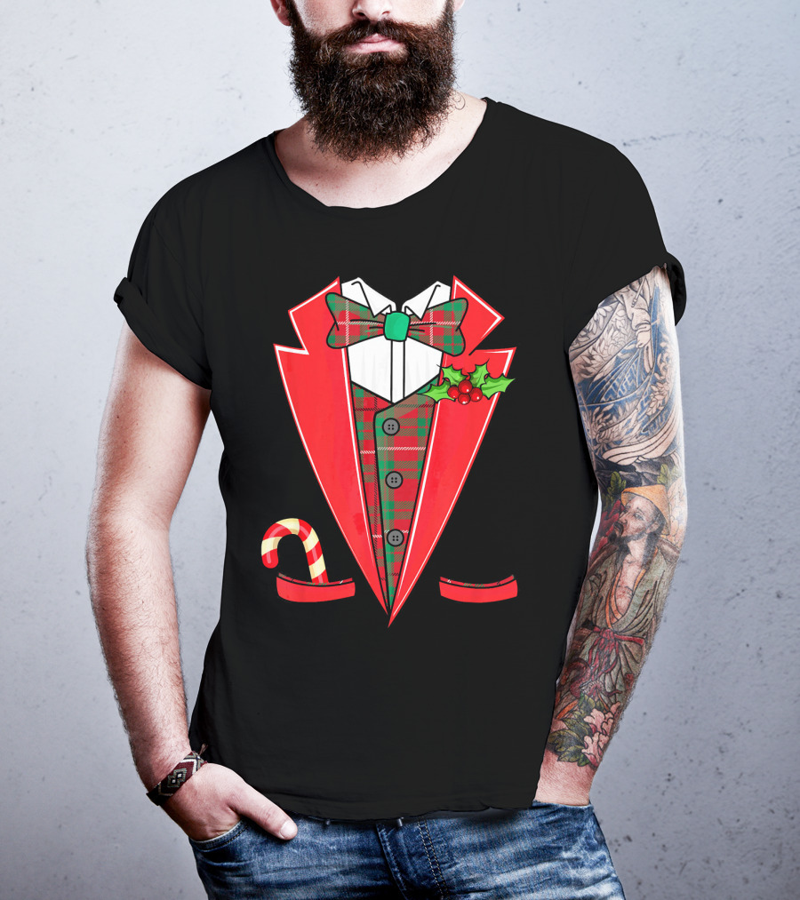 Tuxedo Christmas Fancy Xmas Co Red Plaid Bowtie Candy Cane Holiday Jacket T-Shirt