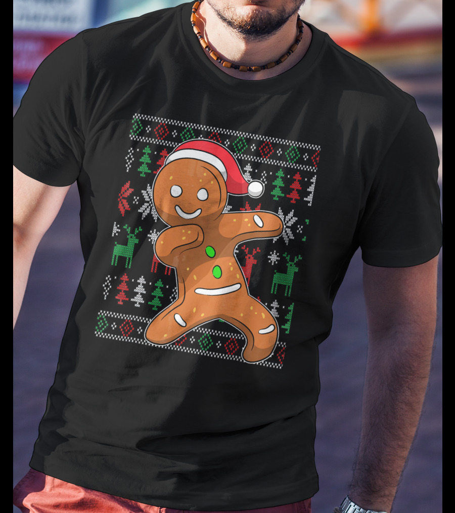 Ugly Christmas Sweater Dabbing Gingerbread Man Santa Hat Holiday T-Shirt