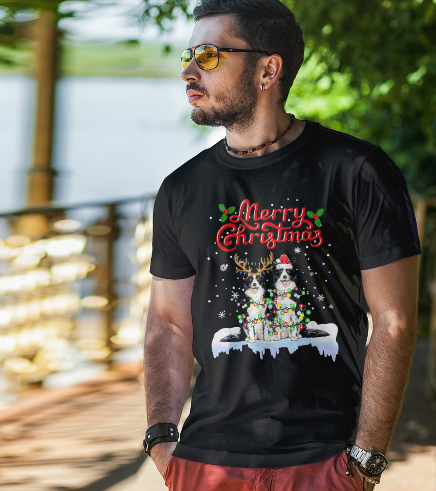 Merry Christmas Border Collie Christmas Lights Funny Dog Santa Reindeer T-Shirt