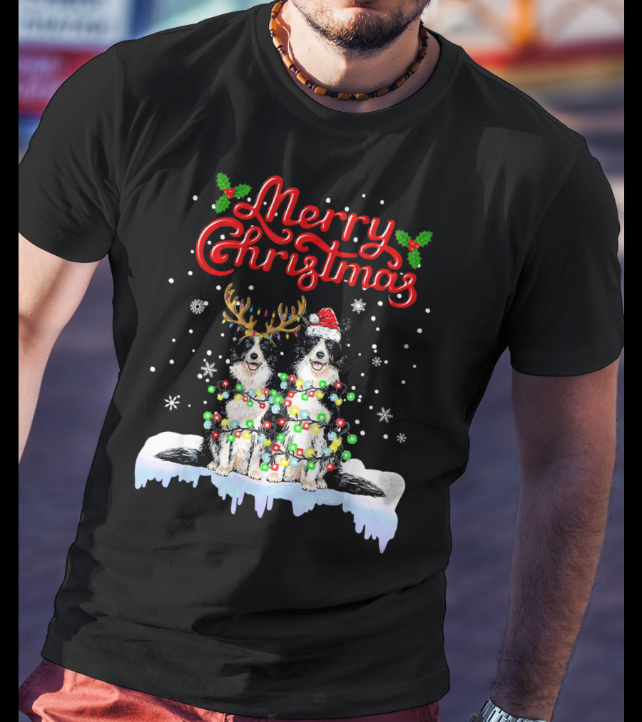 Merry Christmas Border Collie Christmas Lights Funny Dog Santa Reindeer T-Shirt