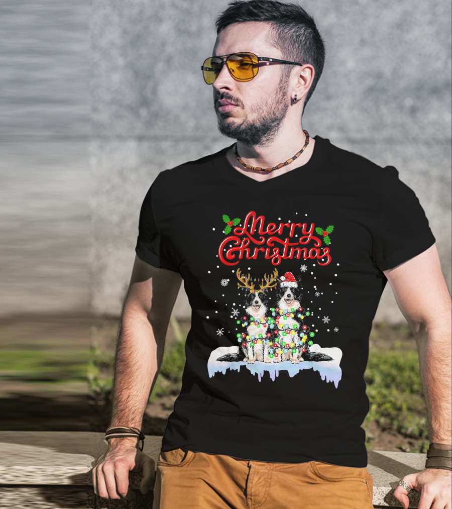 Merry Christmas Border Collie Christmas Lights Funny Dog Santa Reindeer T-Shirt