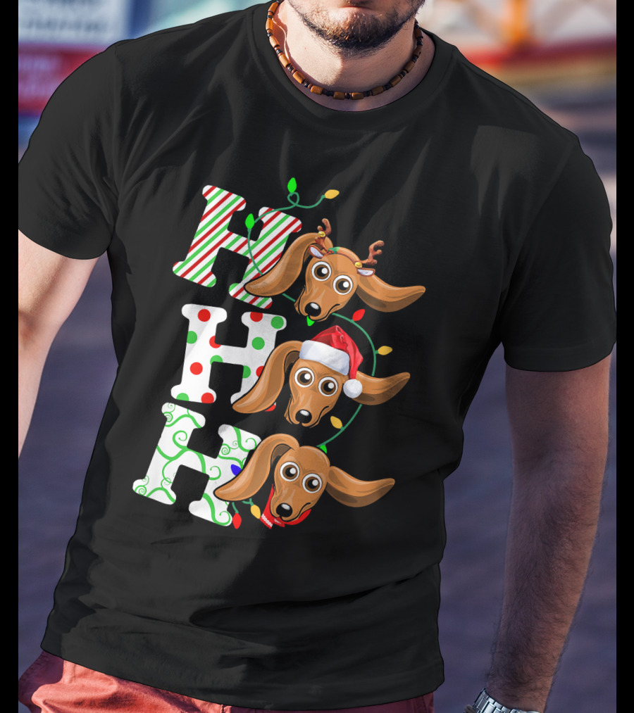 Dachshund Ho Ho Ho Reindeer Antlers Santa Hat Christmas Lights T-Shirt