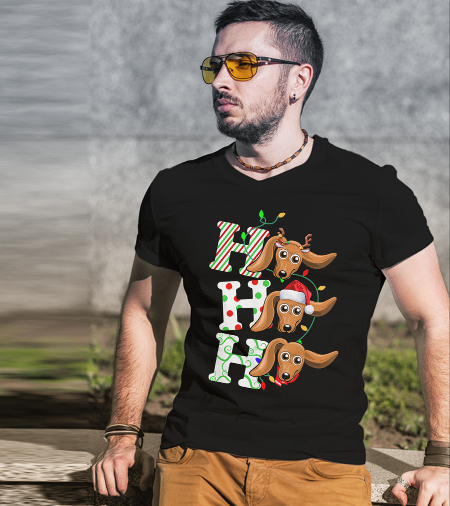 Dachshund Ho Ho Ho Reindeer Antlers Santa Hat Christmas Lights T-Shirt