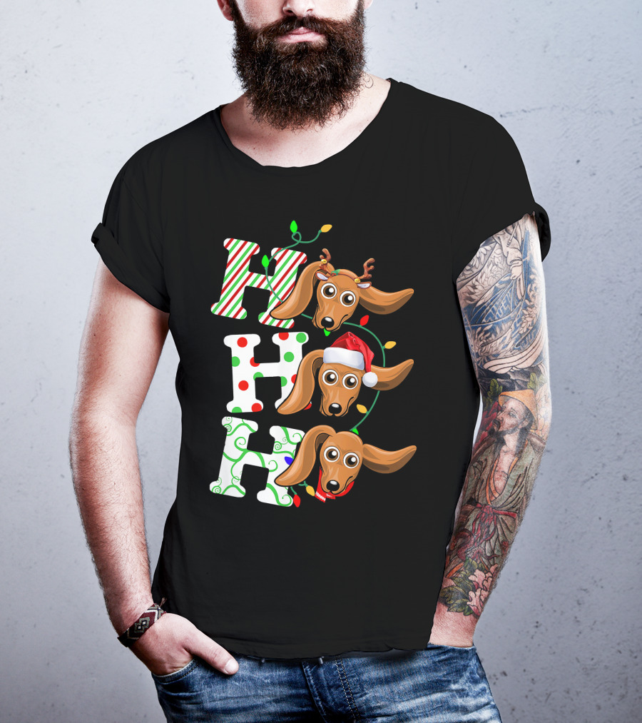 Dachshund Ho Ho Ho Reindeer Antlers Santa Hat Christmas Lights T-Shirt