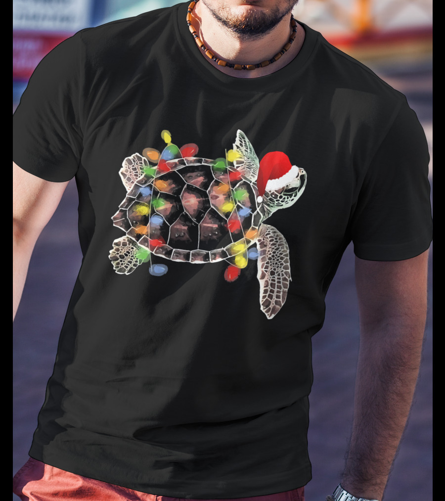 Sea Turtle With Christmas Lights In Santa Hat Merry Chris T-Shirt
