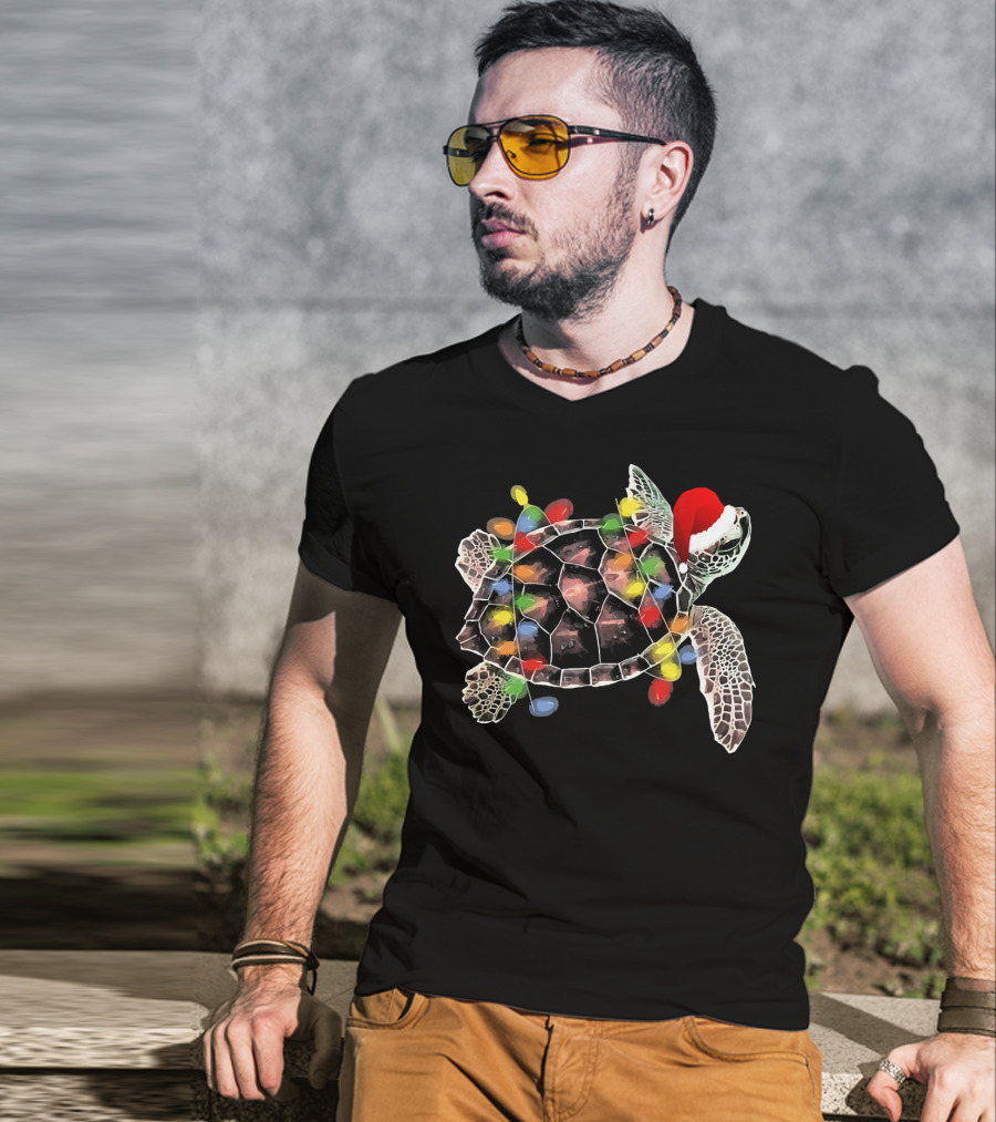 Sea Turtle With Christmas Lights In Santa Hat Merry Chris T-Shirt