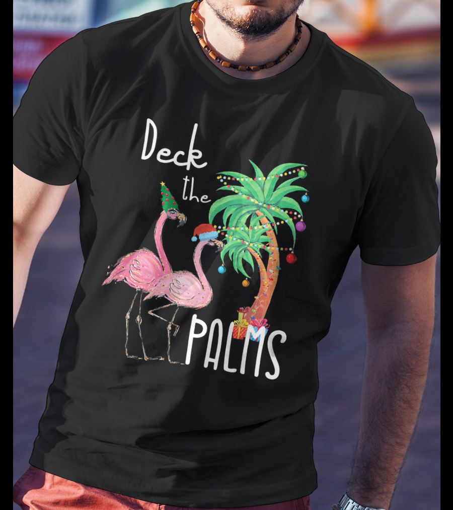 Deck The Palms Christmas Flamingo Family Tropical Holiday Scene T-Shirt