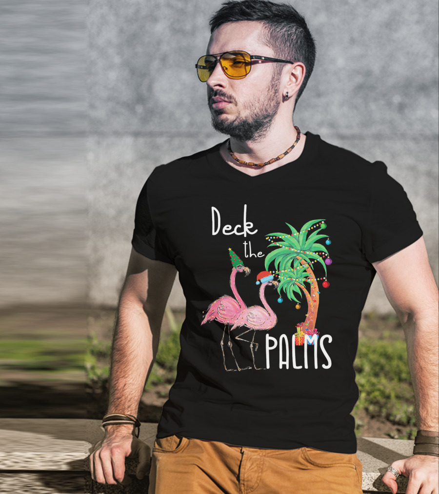 Deck The Palms Christmas Flamingo Family Tropical Holiday Scene T-Shirt
