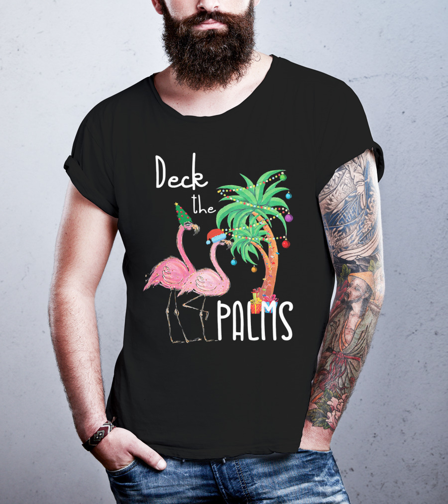 Deck The Palms Christmas Flamingo Family Tropical Holiday Scene T-Shirt
