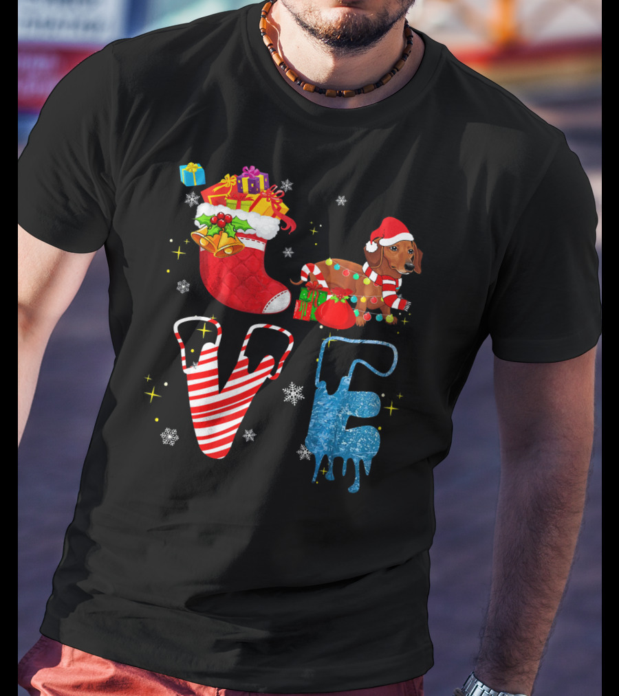 Dachshund Forever Love Merry Christmas Stocking Candy Cane Snowflakes T-Shirt