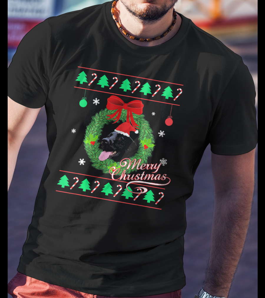 Merry Christmas Black Lab Puppy In Santa Hat With Wreath And Candy Canes T-Shirt