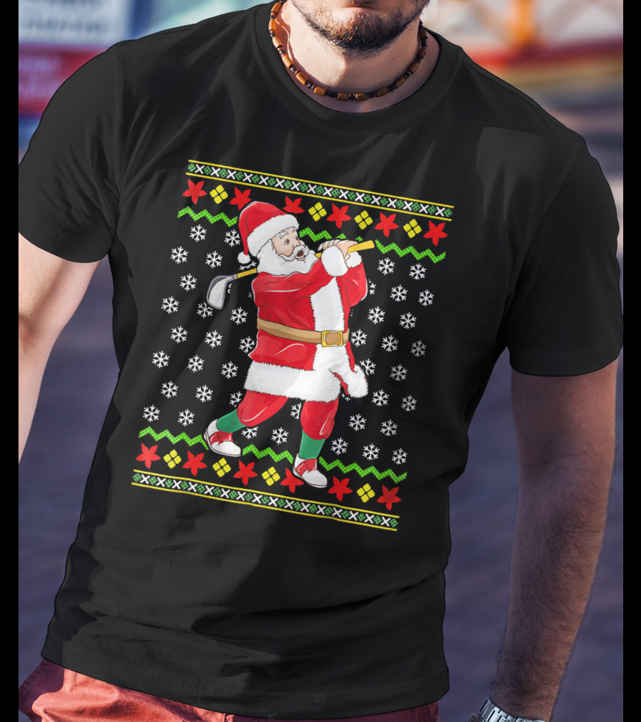 Ugly Christmas Santa Playing Golf Snowflakes T-Shirt