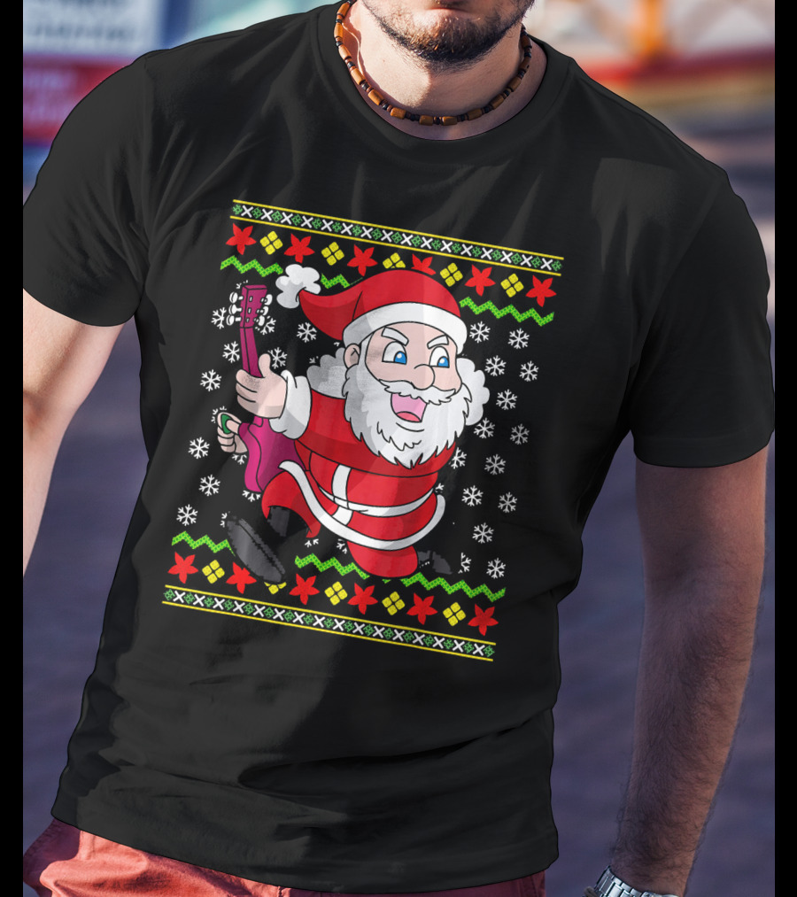 Ugly Christmas Santa Playing Guitar Festive T-Shirt