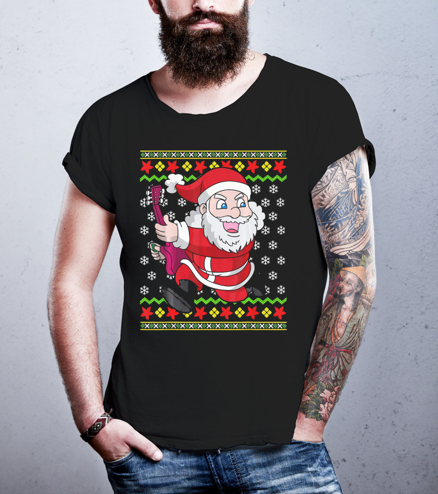 Ugly Christmas Santa Playing Guitar Festive T-Shirt