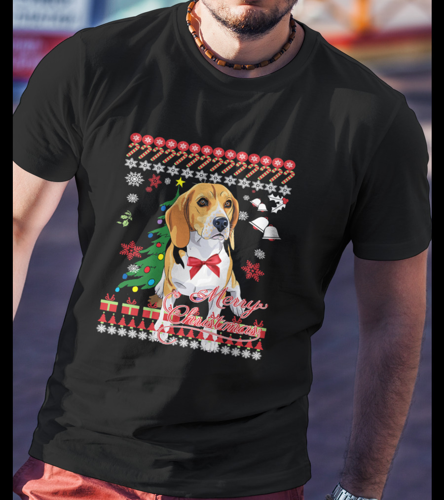 Merry Christmas Beagle With Candy Canes Snowflakes Bells And Gifts T-Shirt