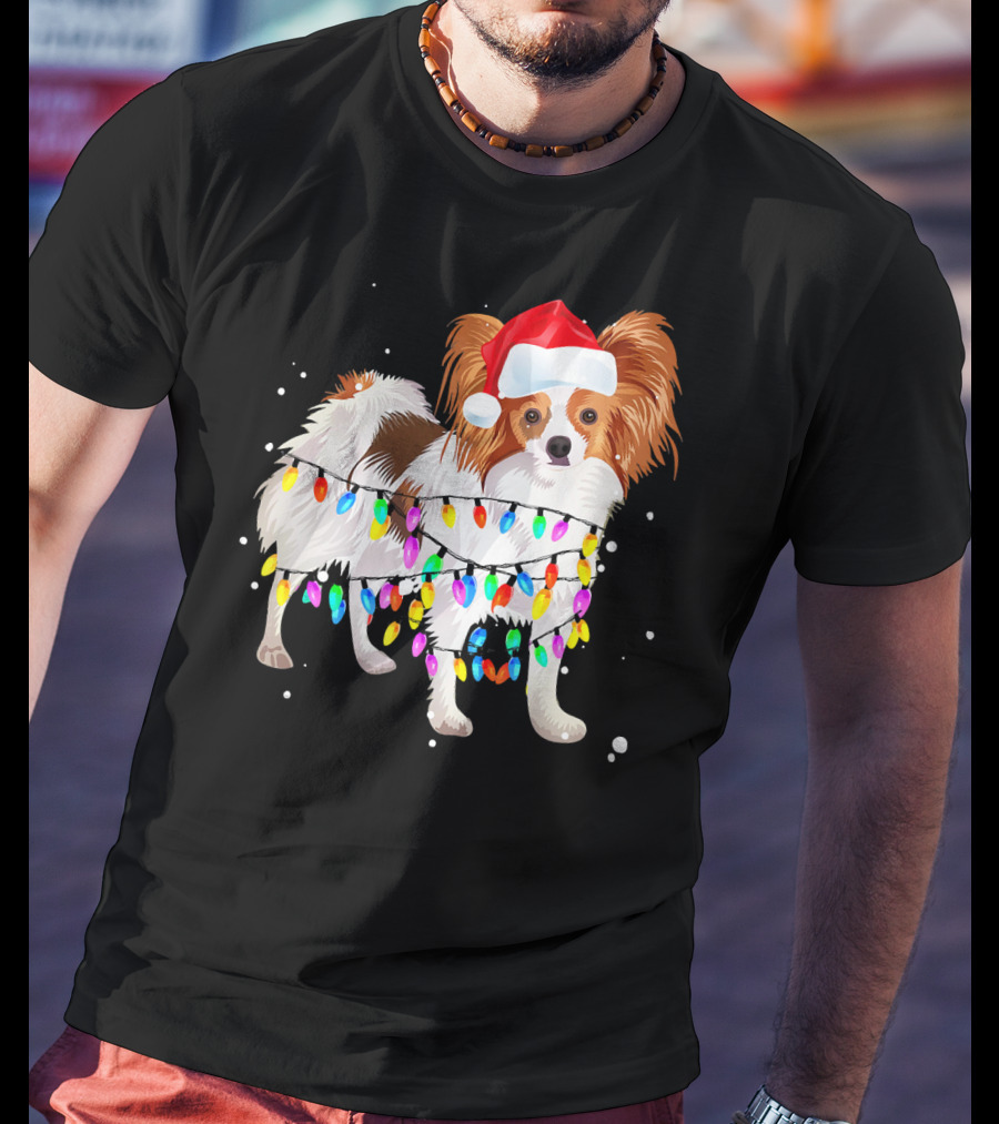 Papillon Dog Wrapped In Colorful Christmas Lights Wearing Santa Hat T-Shirt