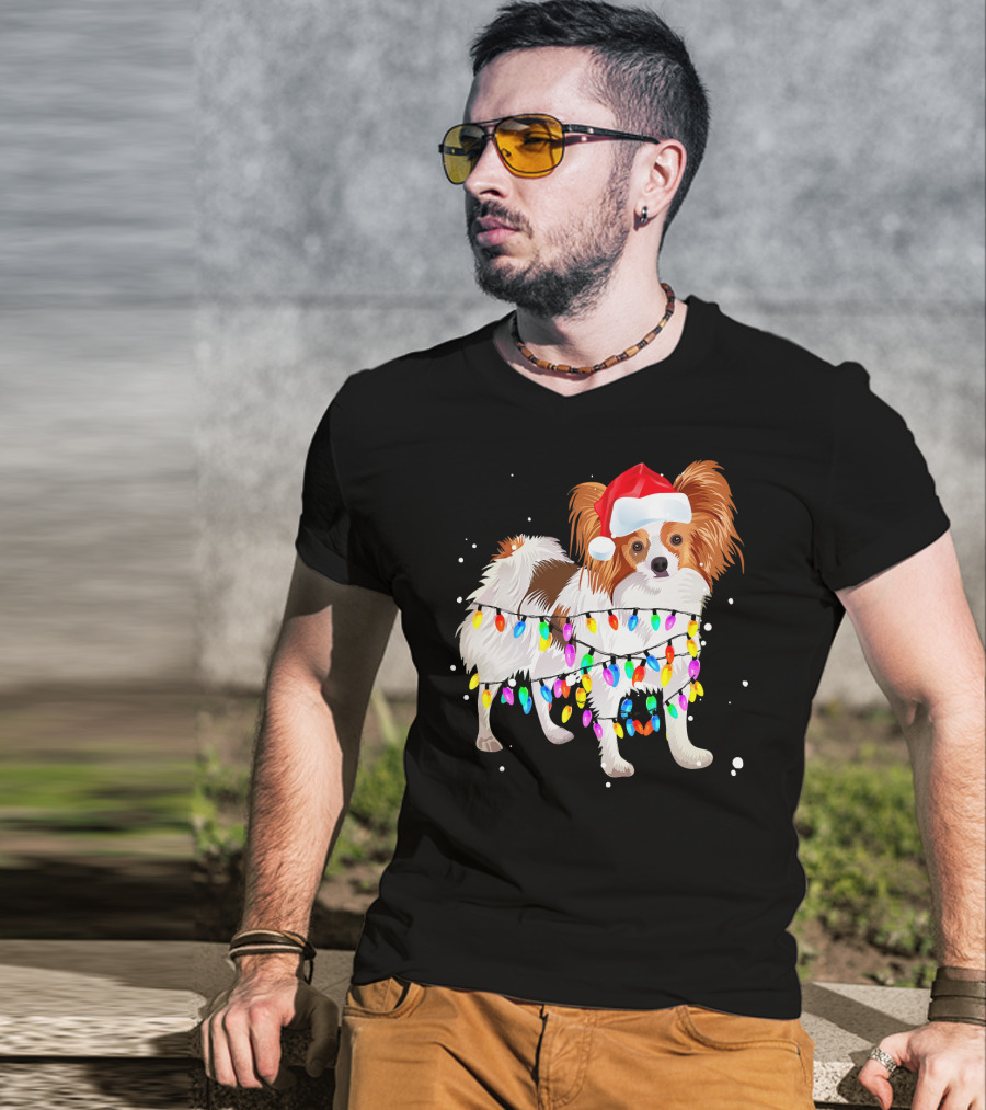 Papillon Dog Wrapped In Colorful Christmas Lights Wearing Santa Hat T-Shirt