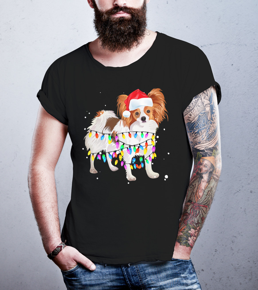 Papillon Dog Wrapped In Colorful Christmas Lights Wearing Santa Hat T-Shirt