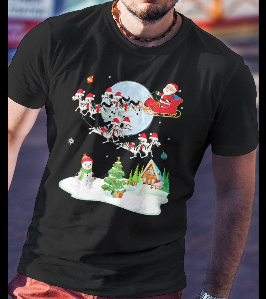 Santa Claus Sleigh With Zebras And Snowman By Christmas Tree T-Shirt