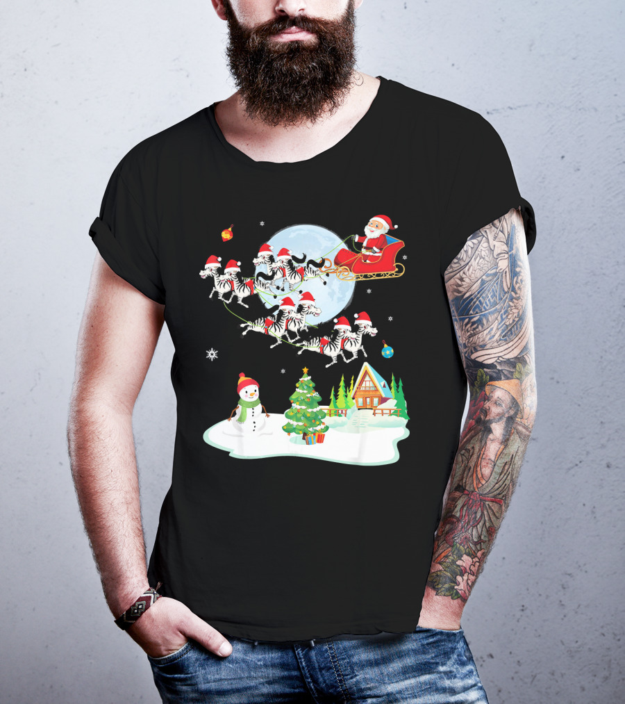 Santa Claus Sleigh With Zebras And Snowman By Christmas Tree T-Shirt