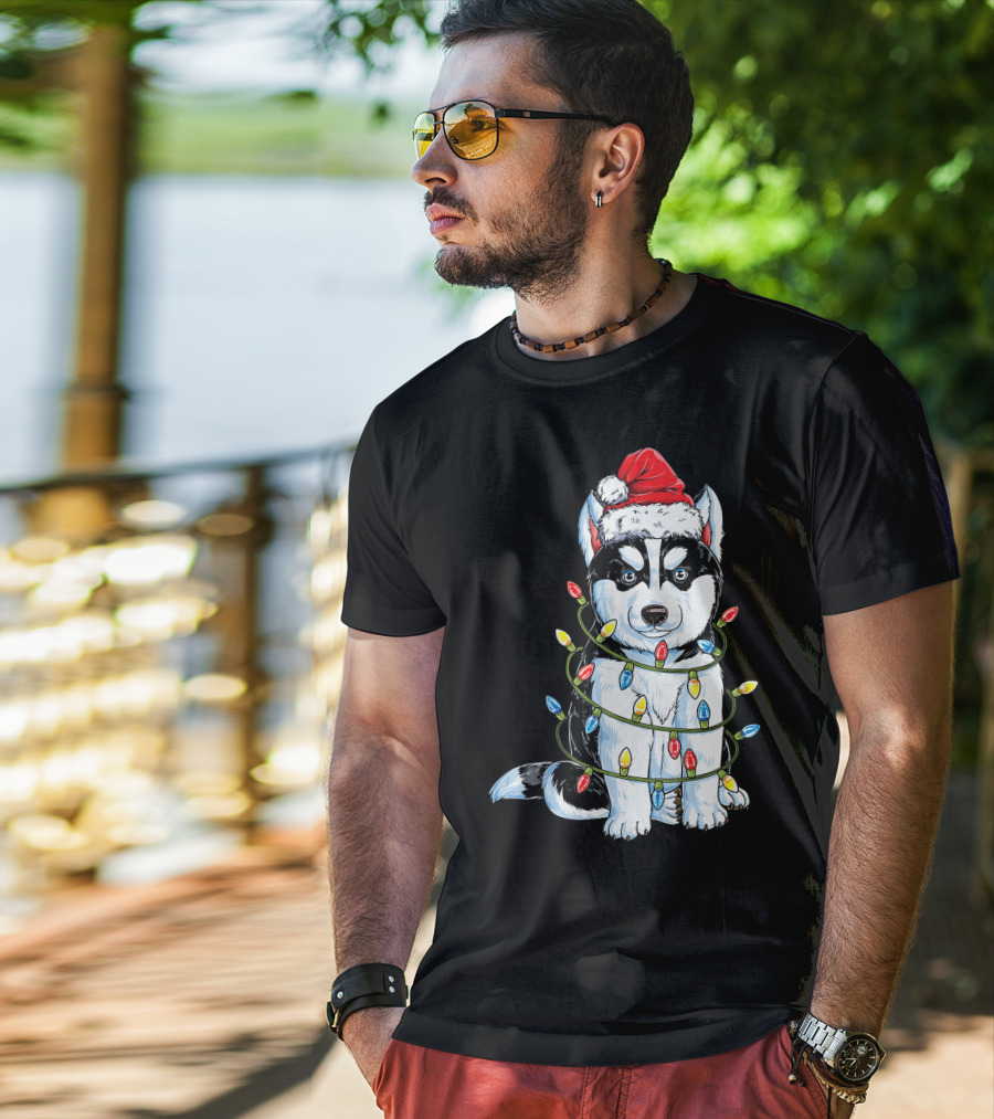 Siberian Husky Wrapped In Christmas Lights With Santa Hat T-Shirt