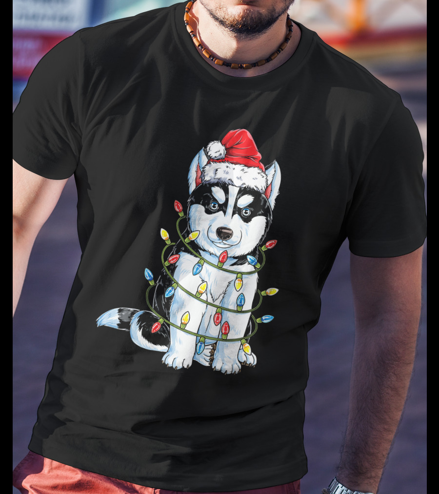 Siberian Husky Wrapped In Christmas Lights With Santa Hat T-Shirt