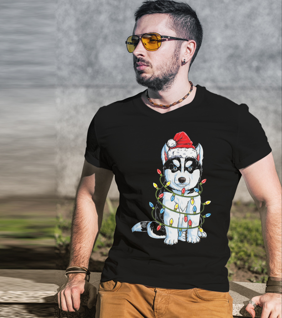 Siberian Husky Wrapped In Christmas Lights With Santa Hat T-Shirt