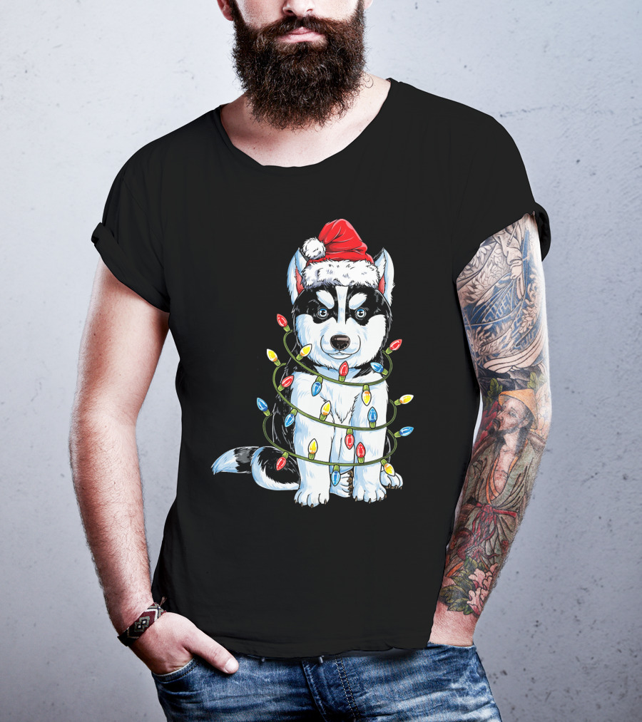 Siberian Husky Wrapped In Christmas Lights With Santa Hat T-Shirt