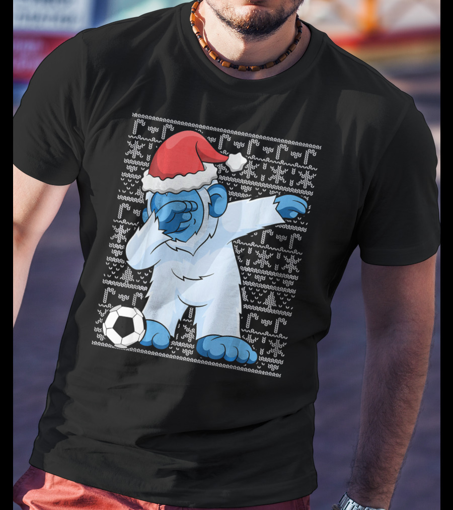 Dabbing Abominable Snowman Santa With Soccer Ball Holiday Ugly T-Shirt