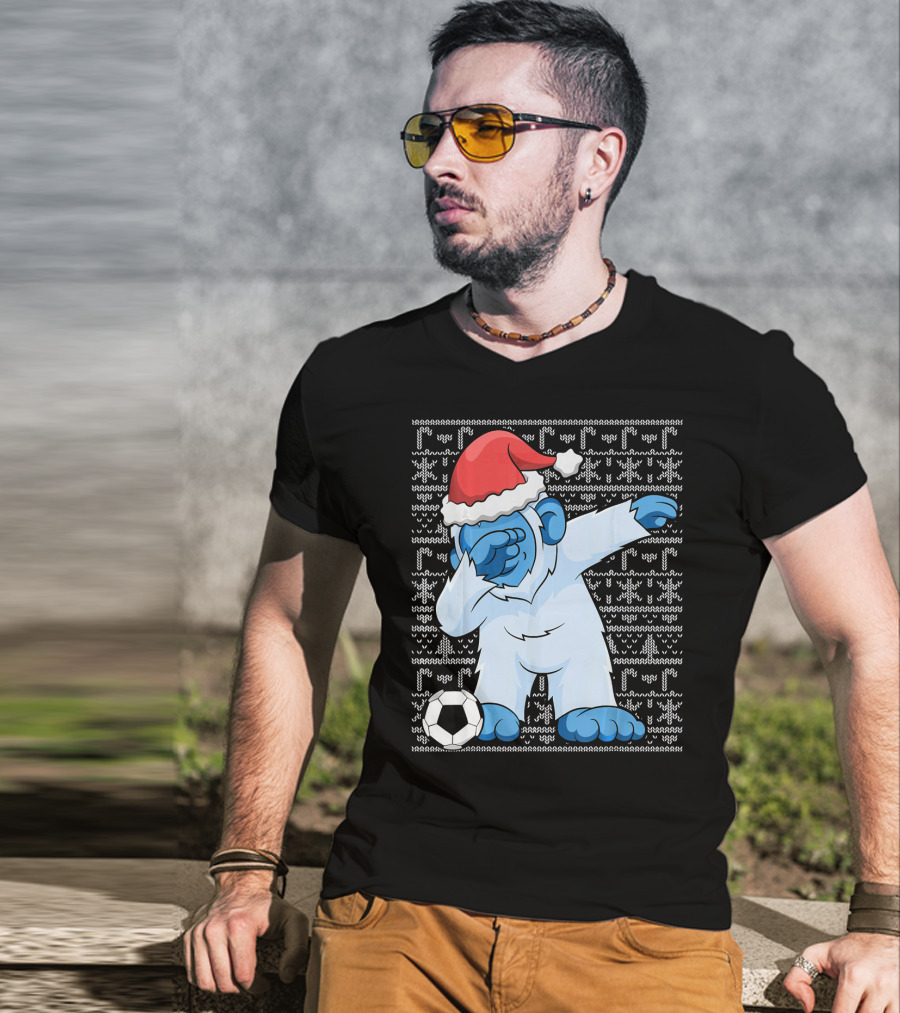 Dabbing Abominable Snowman Santa With Soccer Ball Holiday Ugly T-Shirt