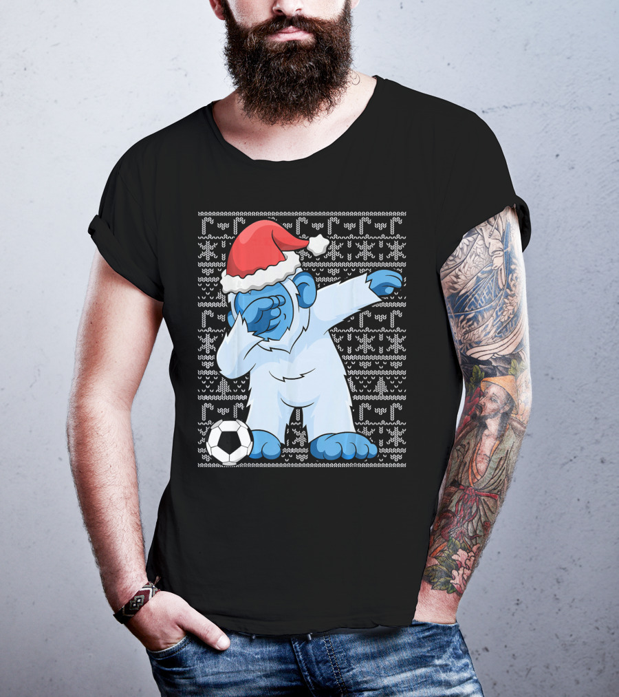 Dabbing Abominable Snowman Santa With Soccer Ball Holiday Ugly T-Shirt