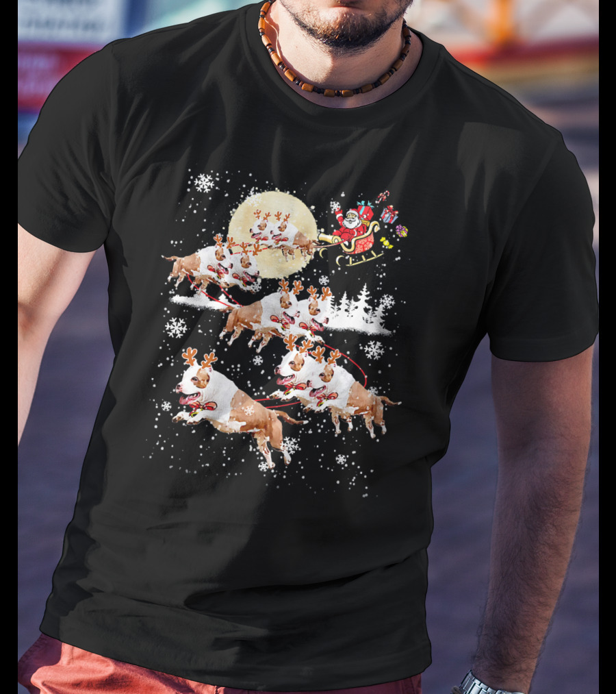 Santa's Christmas Pitbull Reindeer Sleigh Ride T-Shirt