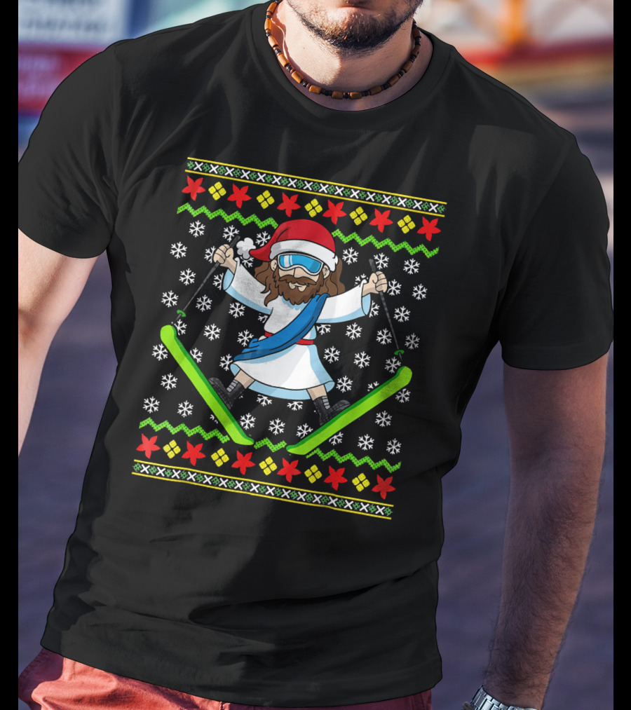 Ugly Christmas Kids Jesus Skiing Santa Hat Snowflakes T-Shirt