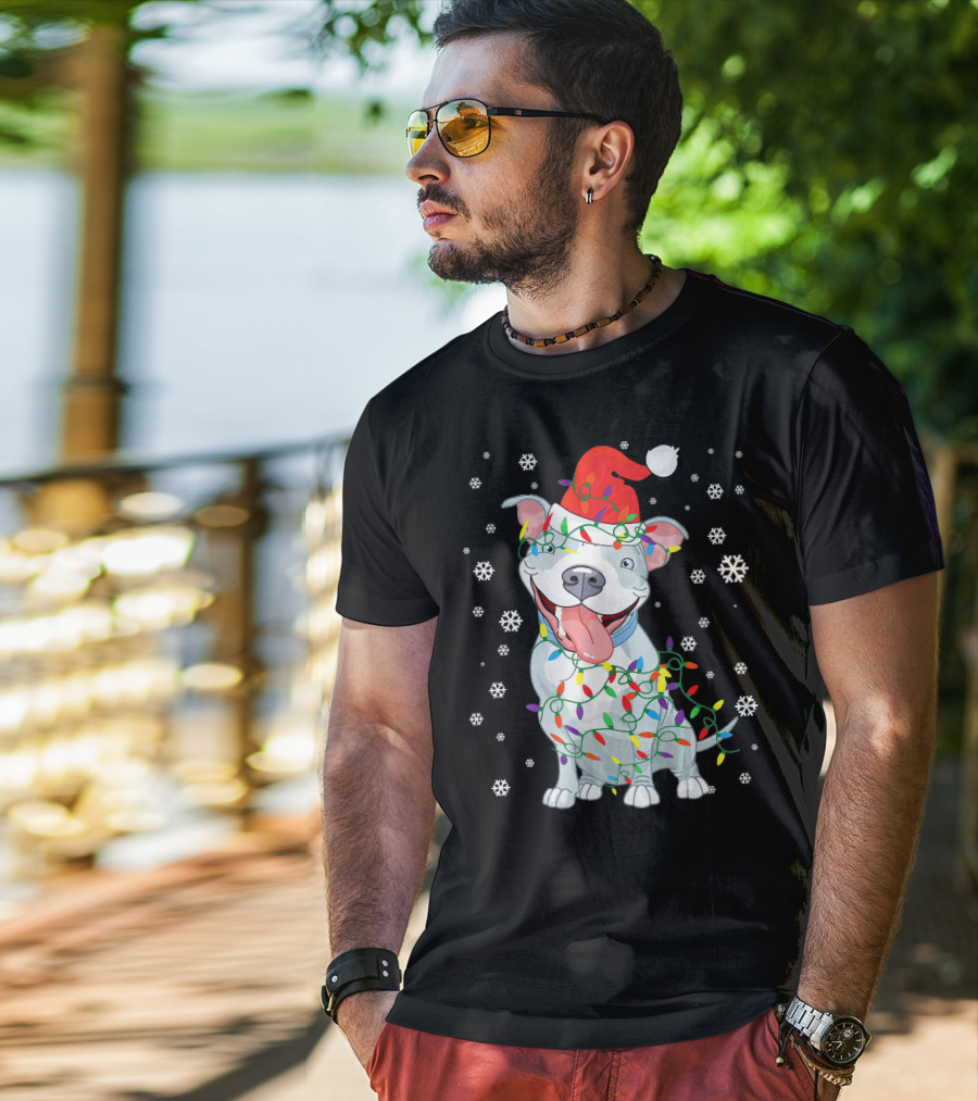 Pitbull Wrapped In Christmas Lights With Santa Hat And Snowflakes T-Shirt