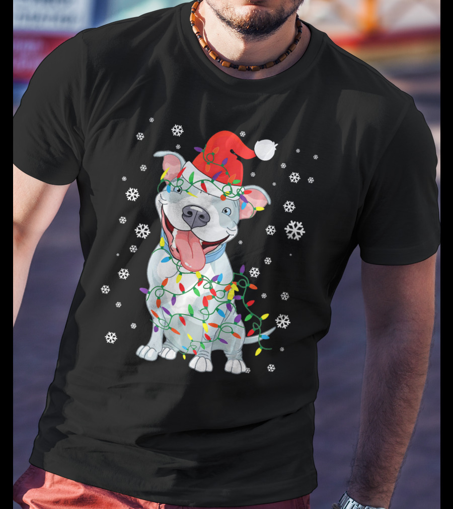 Pitbull Wrapped In Christmas Lights With Santa Hat And Snowflakes T-Shirt