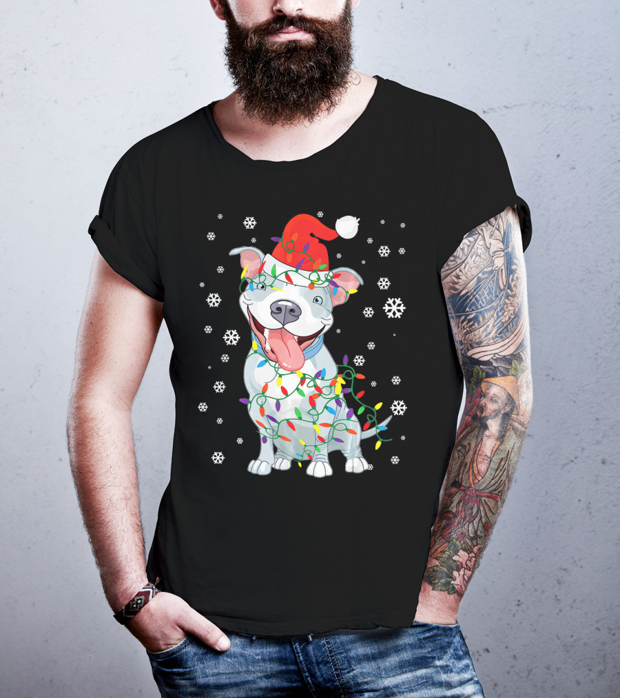 Pitbull Wrapped In Christmas Lights With Santa Hat And Snowflakes T-Shirt