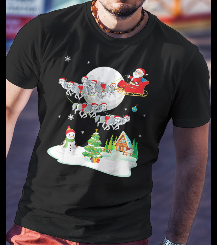 Santa Claus Sleigh Riding Over Snowman And Christmas Scene With Wolves T-Shirt