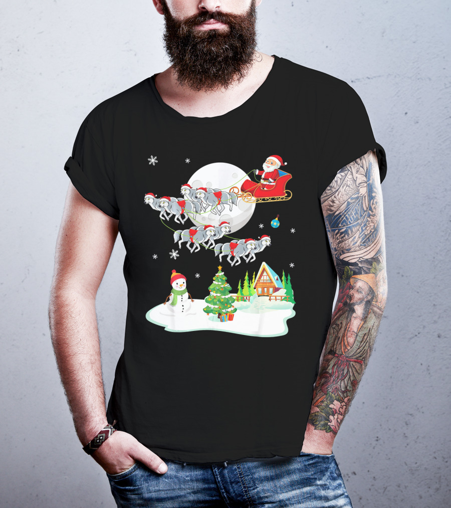 Santa Claus Sleigh Riding Over Snowman And Christmas Scene With Wolves T-Shirt
