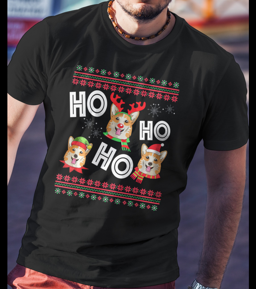 HO HO HO Corgi Funny Dog Reindeer Elf Santa Hats Snowflakes Christmas Holiday T-Shirt