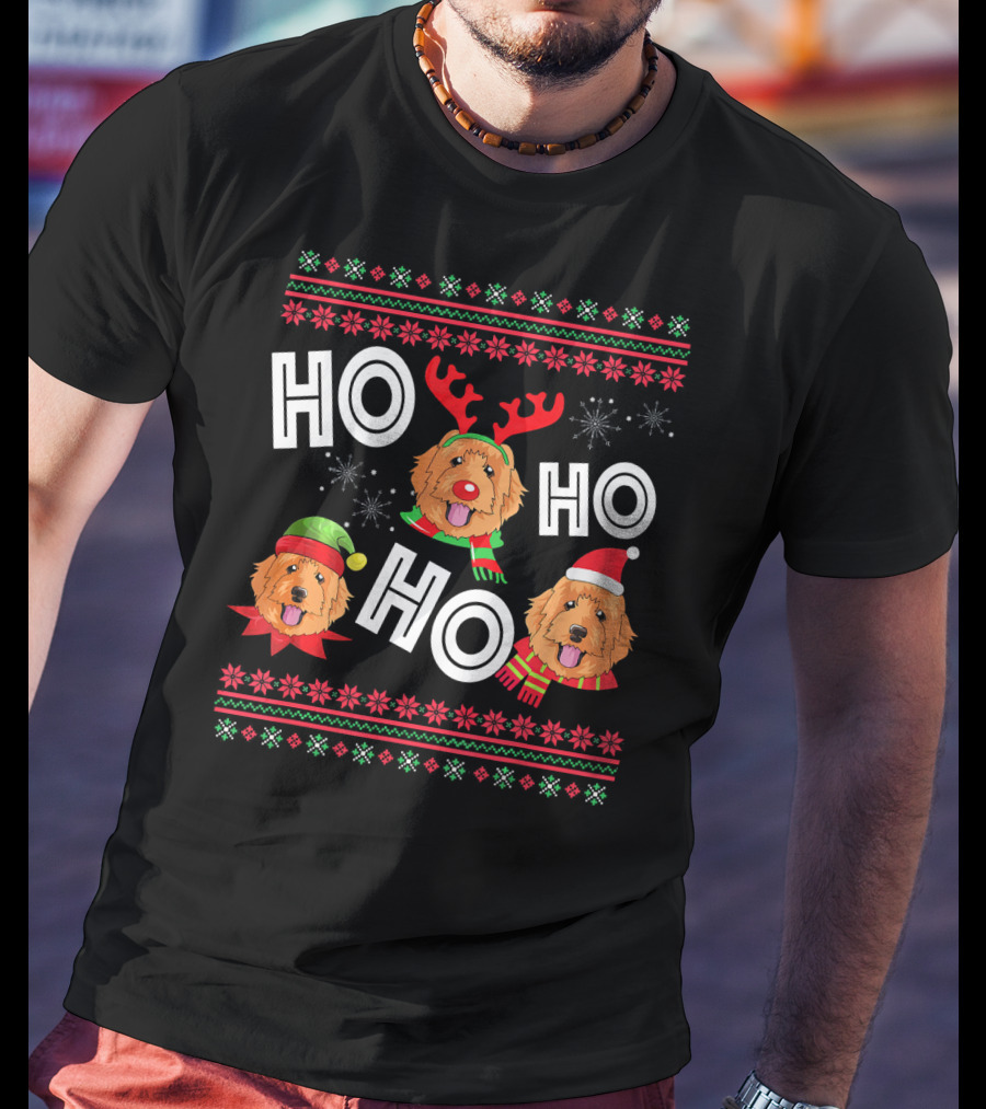 HO HO HO Golden Doodle Funny Dog Christmas Antlers Santa Hat Snowflakes T-Shirt