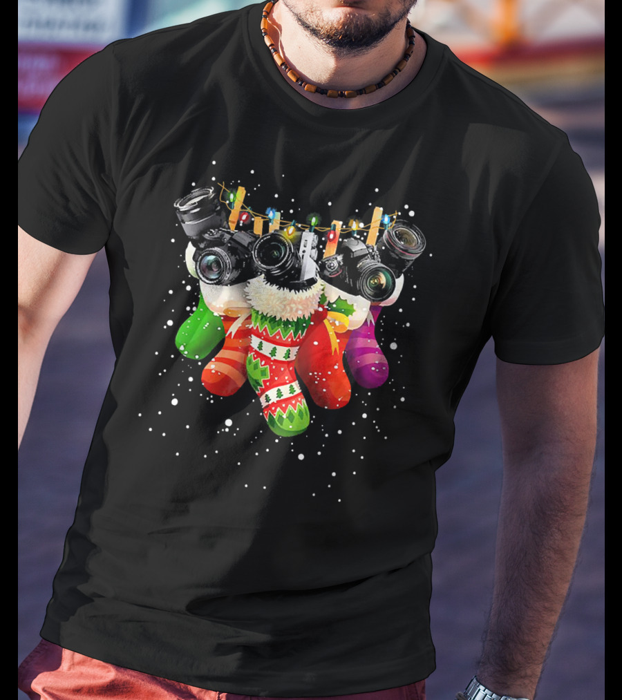 Christmas Stocking Cameras With Festive Lights For Photography Lovers T-Shirt