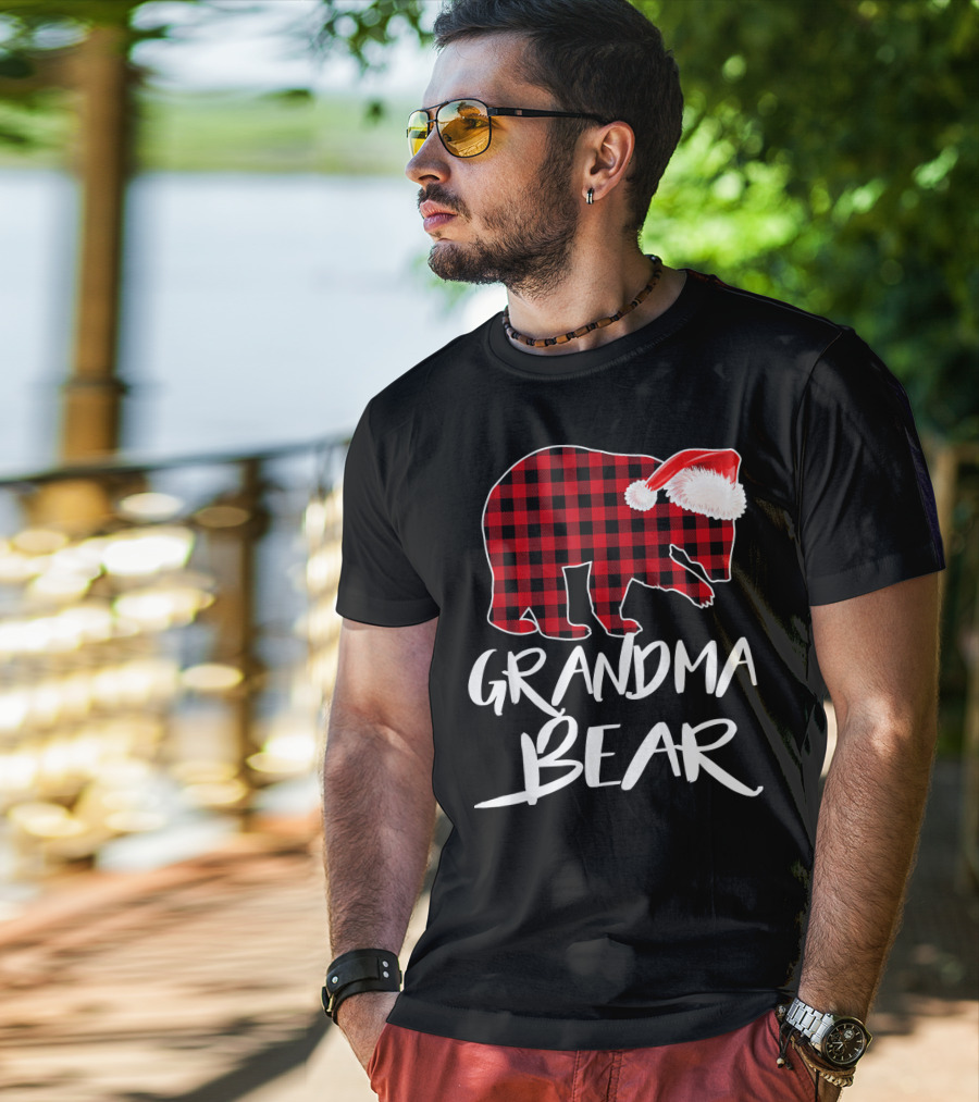 Grandma Bear Red Plaid Santa Hat T-Shirt
