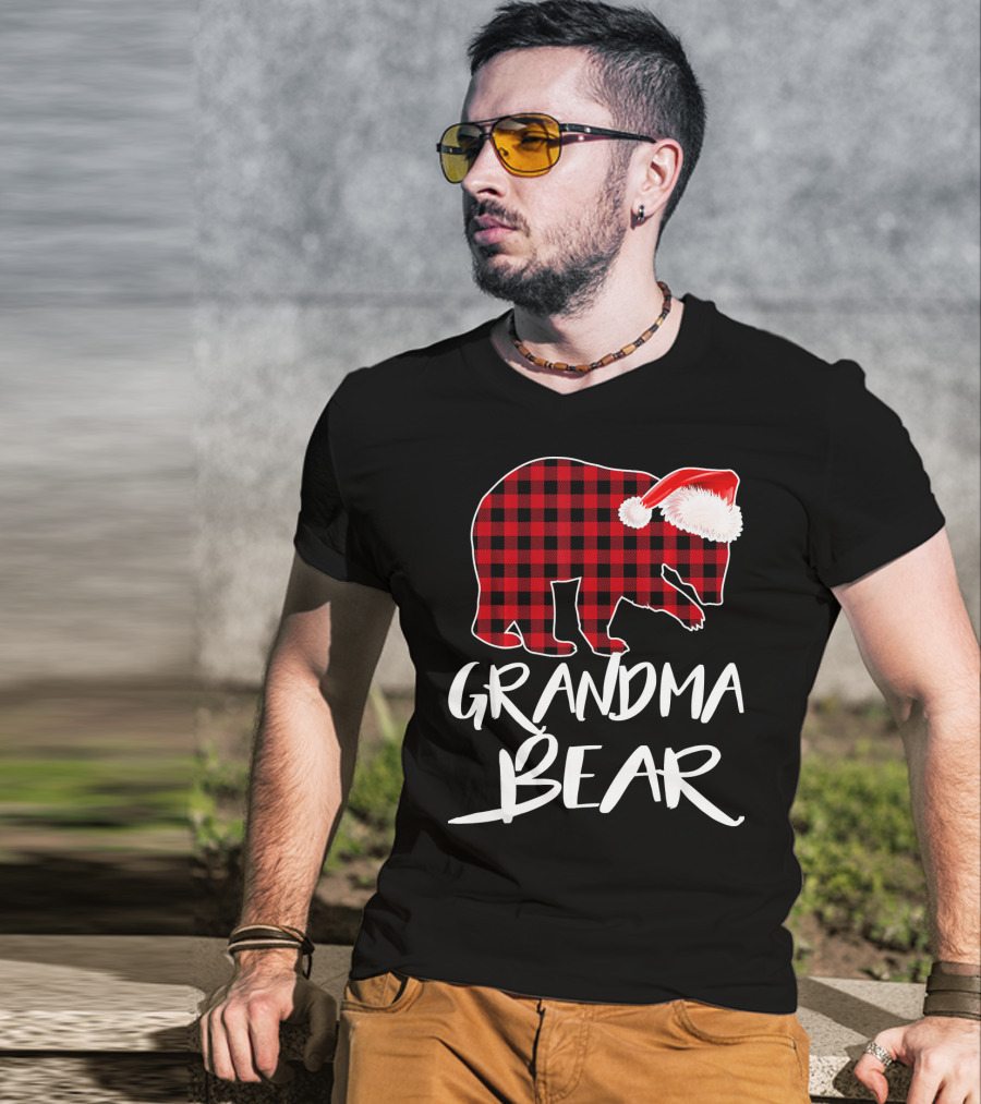 Grandma Bear Red Plaid Santa Hat T-Shirt