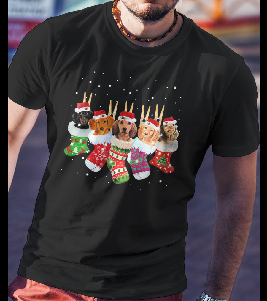 Christmas Socks Dachshund Santa Hats Snowflakes T-Shirt