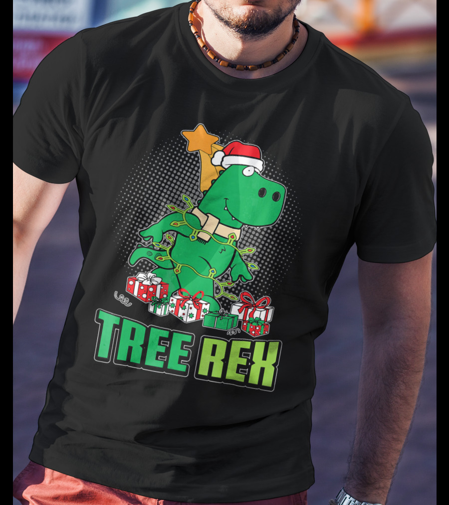 Tree Rex Funny Cute Christmas Dinosaur With Santa Hat And Gifts T-Shirt