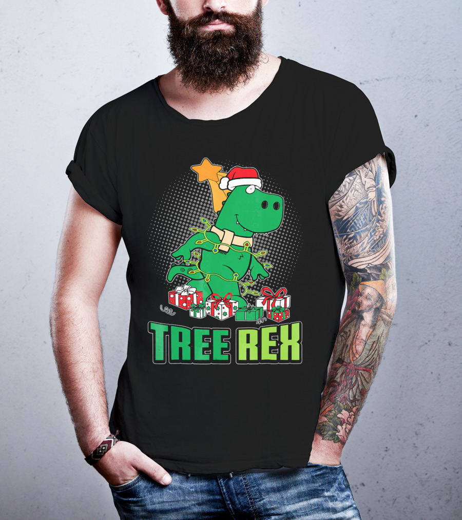 Tree Rex Funny Cute Christmas Dinosaur With Santa Hat And Gifts T-Shirt